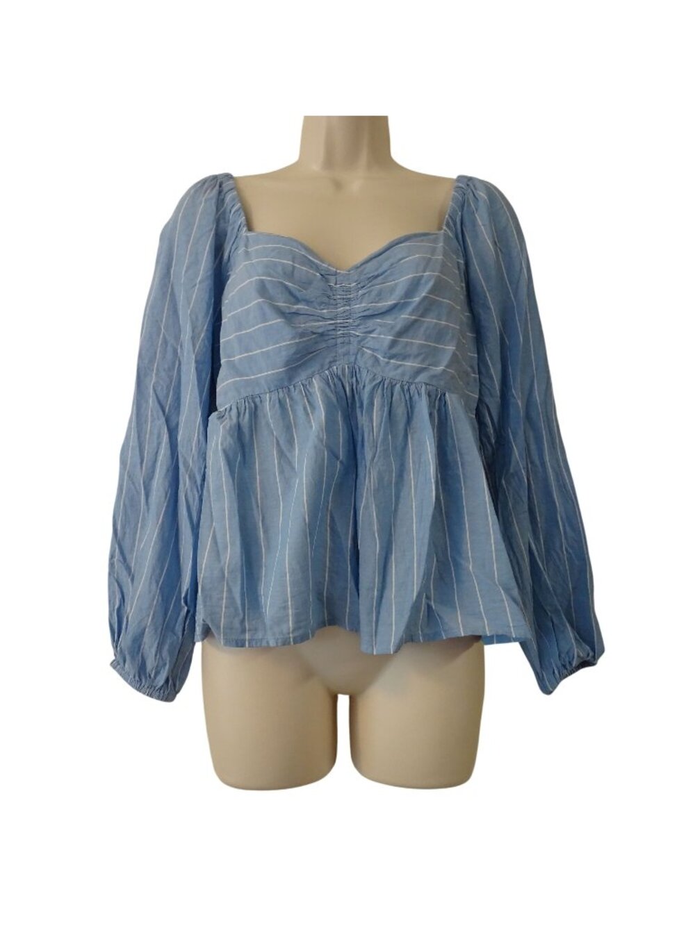 Old Navy Blue Stripe Long Sleeve Babydoll Top Women Size M Sweetheart Neckline